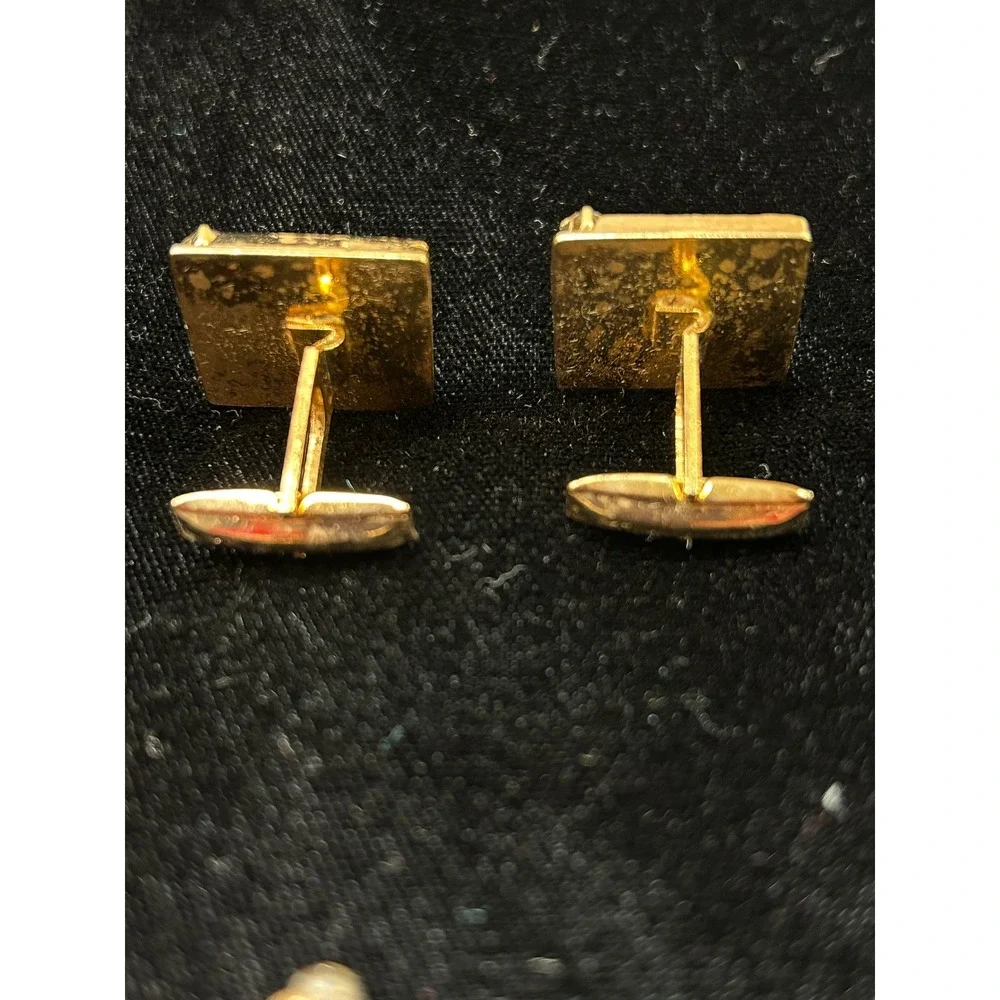 Vintage Gold Tone Textured Square Cufflinks and Tie Tack Set Blue Rhinestones